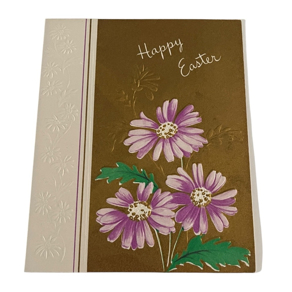 Unused Vintage Happy Easter Greeting Card Gold Embossed Floral